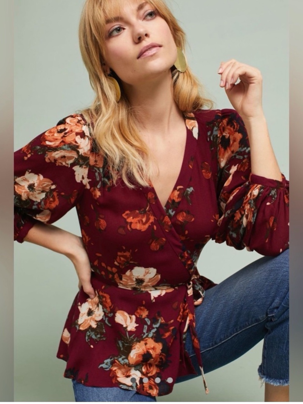 Anthropologie HD in Paris Wrap floral Blouse in Burgundy size 14
